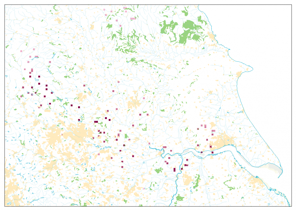 Results of prioritisation overlaid onto ordnance survey map. The cells of potential habitat creation are ranked with those in darker pink offering greater contributions to habitat connectivity. Contains O.S. data @ Crown copyright [and database right] (2016)