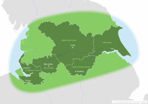 Image of the The Northern Forest Area showing existing community forests, major cities and motorways
