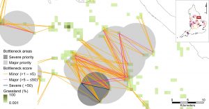 Close-up of a national bottlenecks map, showing grey search zones around the major and severe bottleneck lines